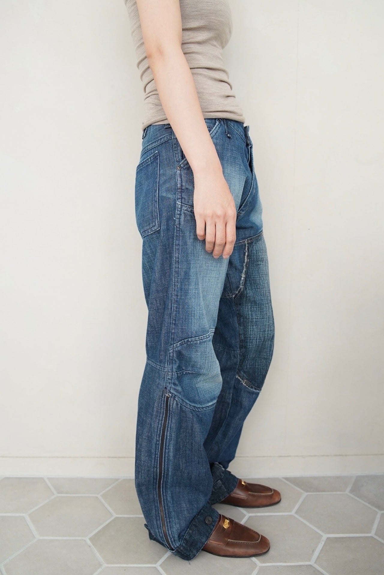 patchwork denim trousers