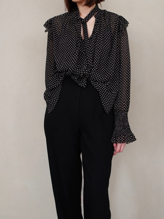 2000s British label, polka dot tie blouse