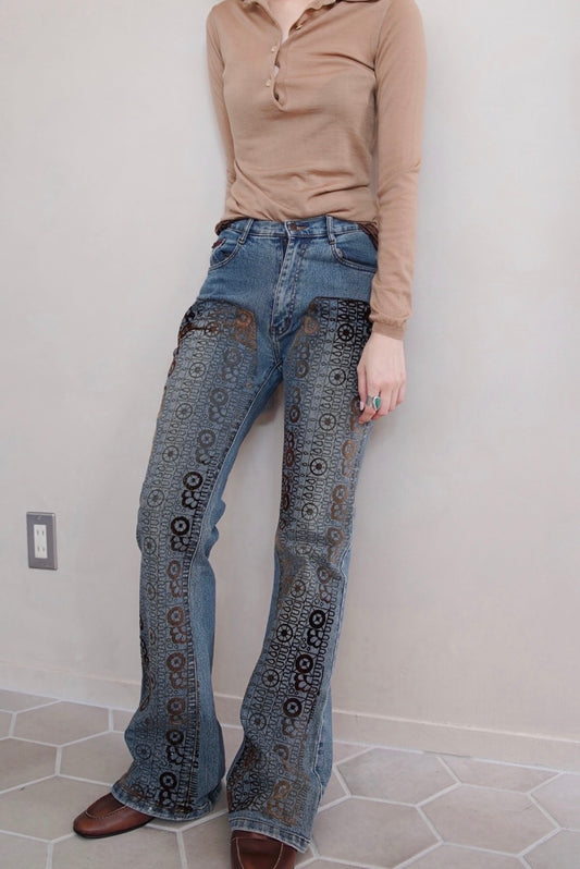 1990s Euro, covered velvet lace denim trousers