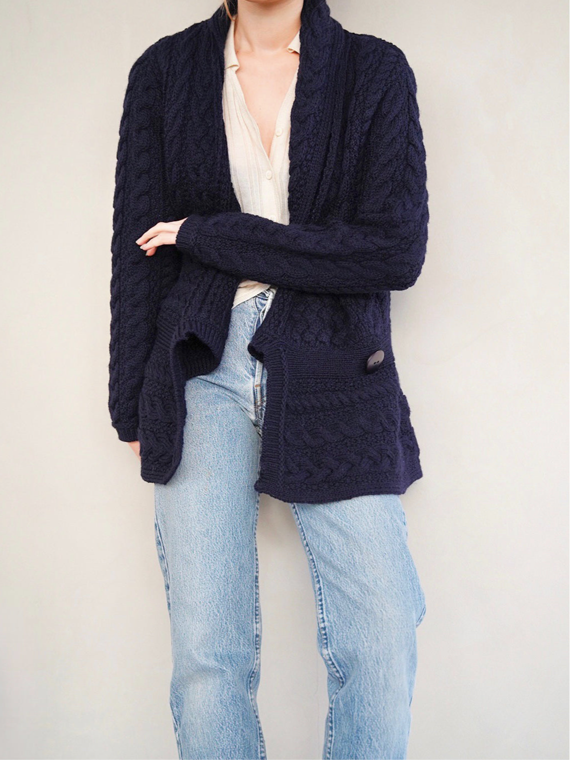 1990s Arancrafts, flare hem shawl knit cardigan